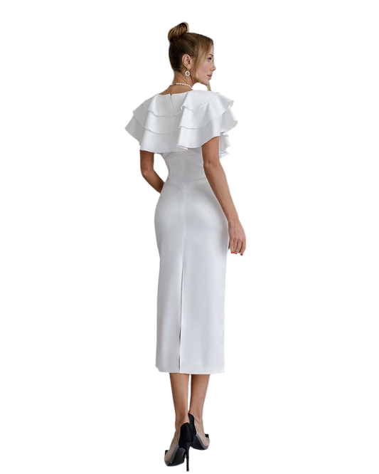 White dress with ruffled shoulders on a white background