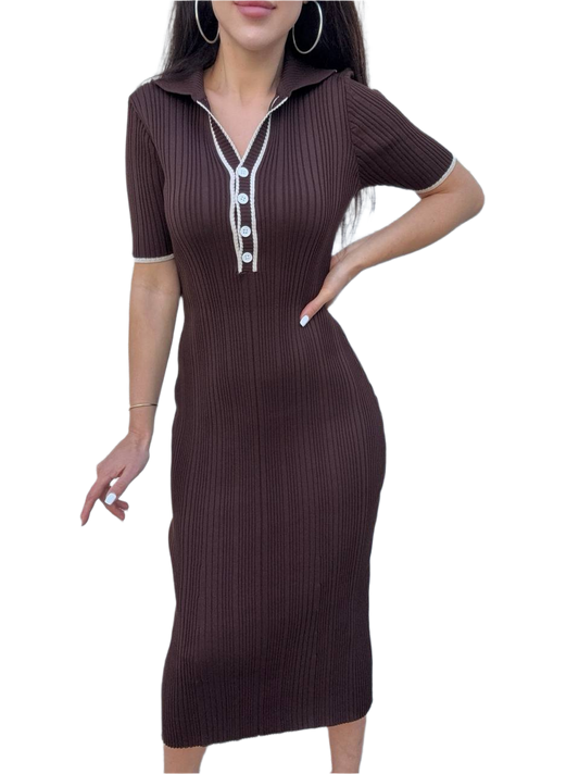 Brown ribbed dress with white buttons on a white background