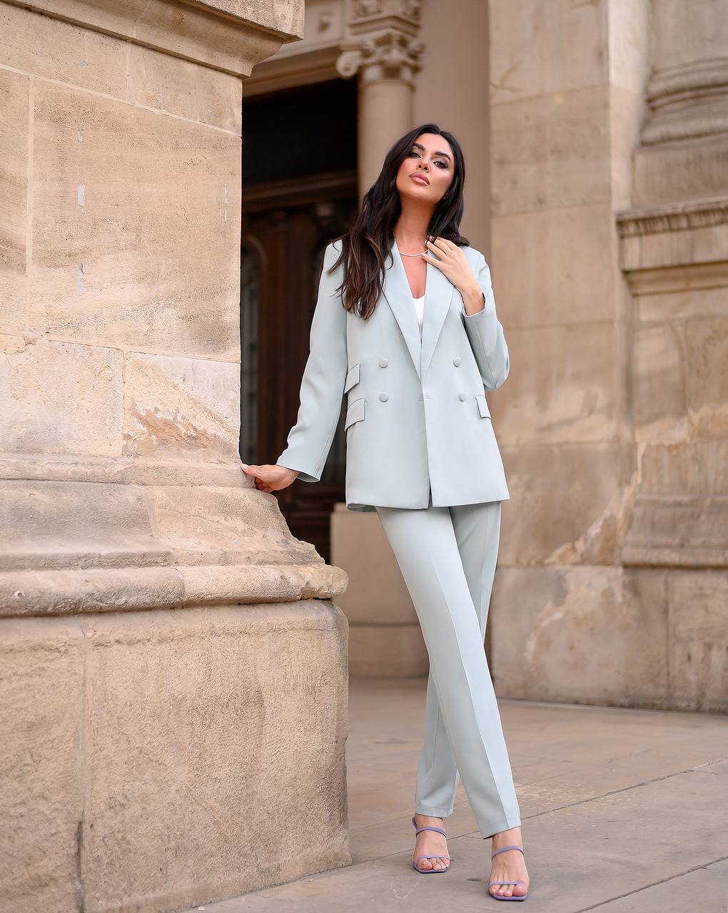 Luxury Diagonal Suiting Crepe Women's Suit in Blue