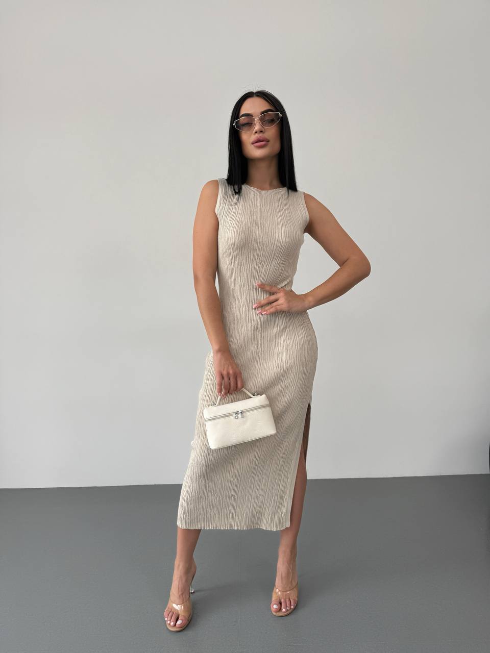 Sleeveless Beige Textured Midi Dress with Side Slit for Women
