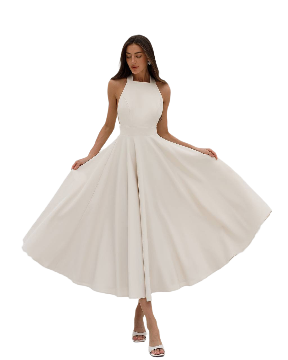 Women's Elegant Midi Dress in Premium Suit Crepe Diagonal Fabric