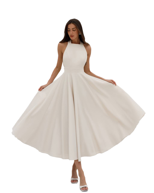 Women's Elegant Midi Dress in Premium Suit Crepe Diagonal Fabric