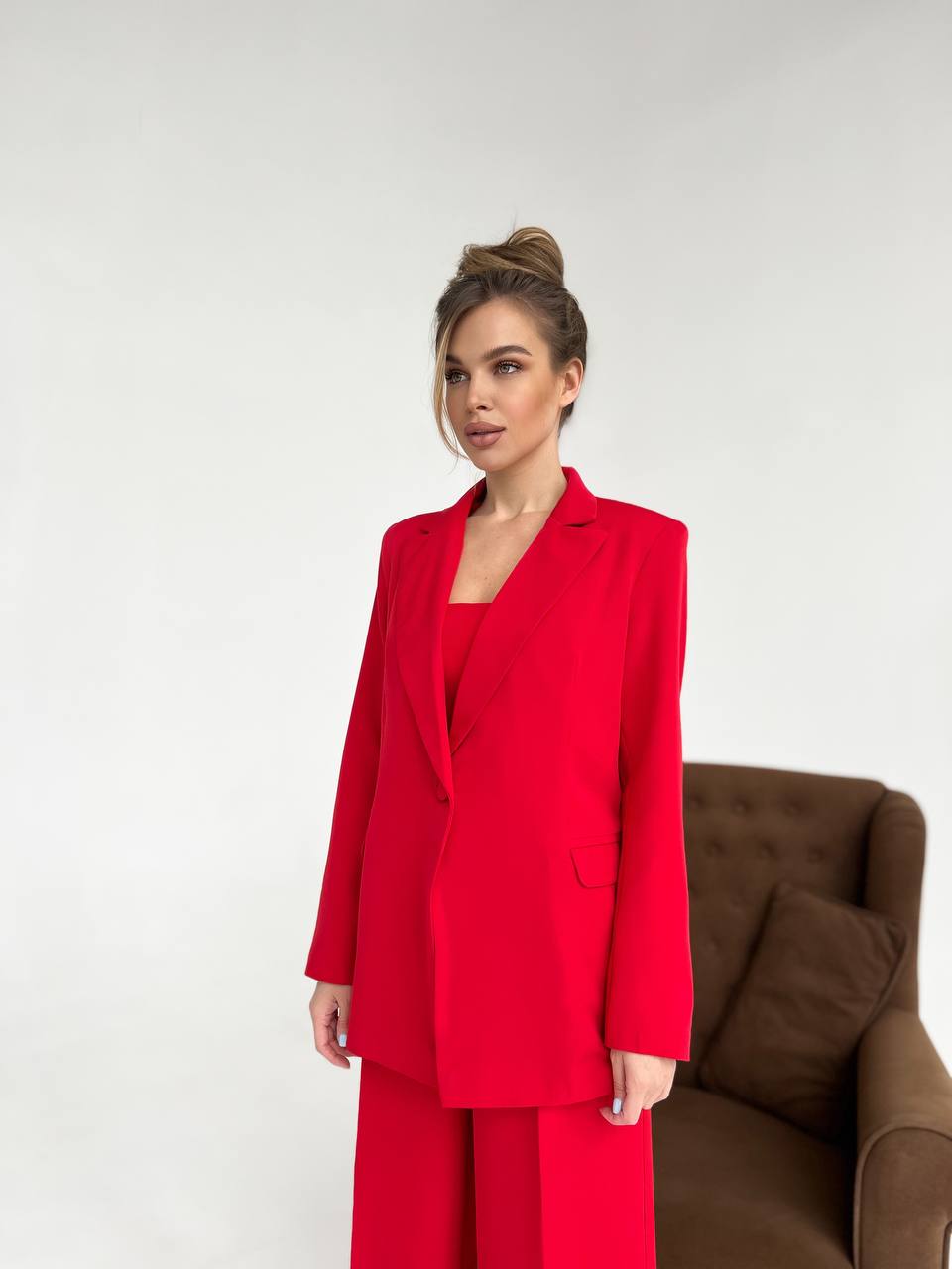 Red Diagonal Crepe Palazzo Suit Women Tailored Blazer Wide Leg Pants