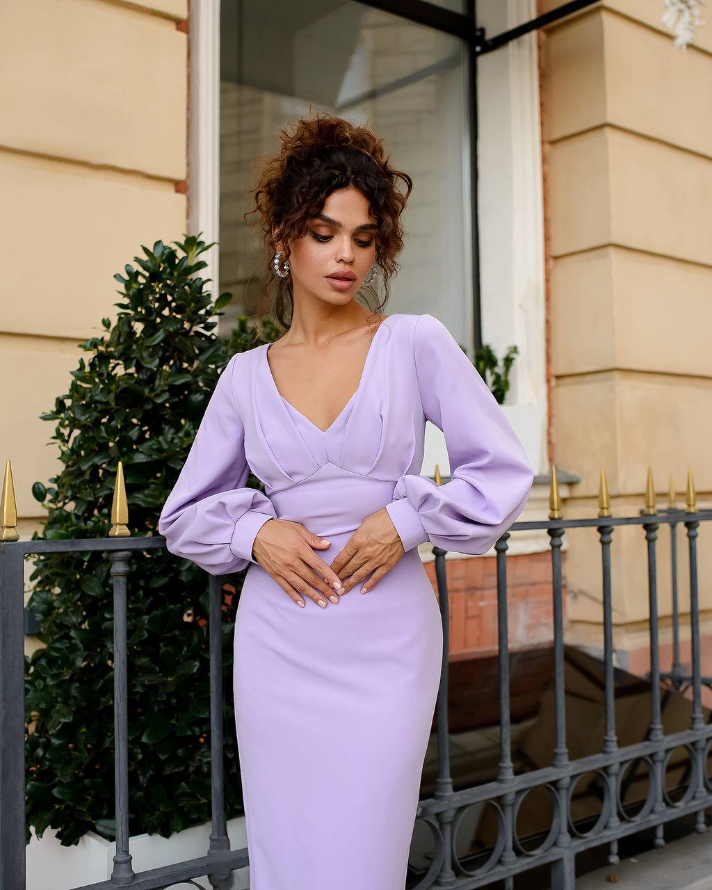 Elegant Midi Dress for Women in Lavender Premium Crepe Fabric