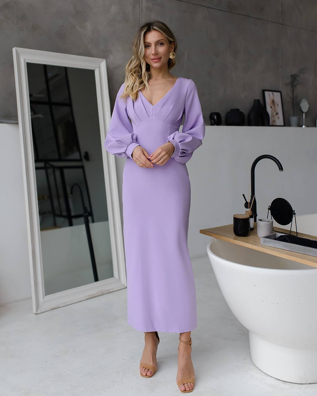Elegant Midi Dress for Women in Lavender Premium Crepe Fabric