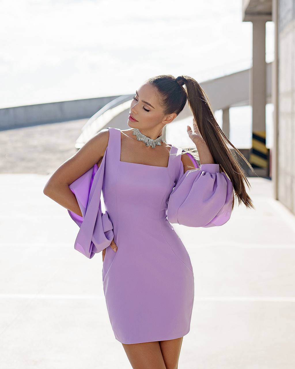 Womens Mini Dress Premium Suit Diagonal Crepe Lavender