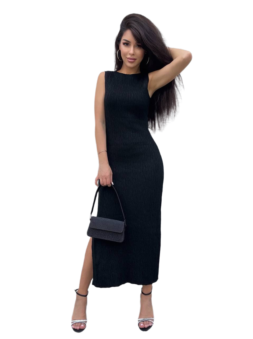 Greta Black Sleeveless Midi Dress with Side Slit for Women