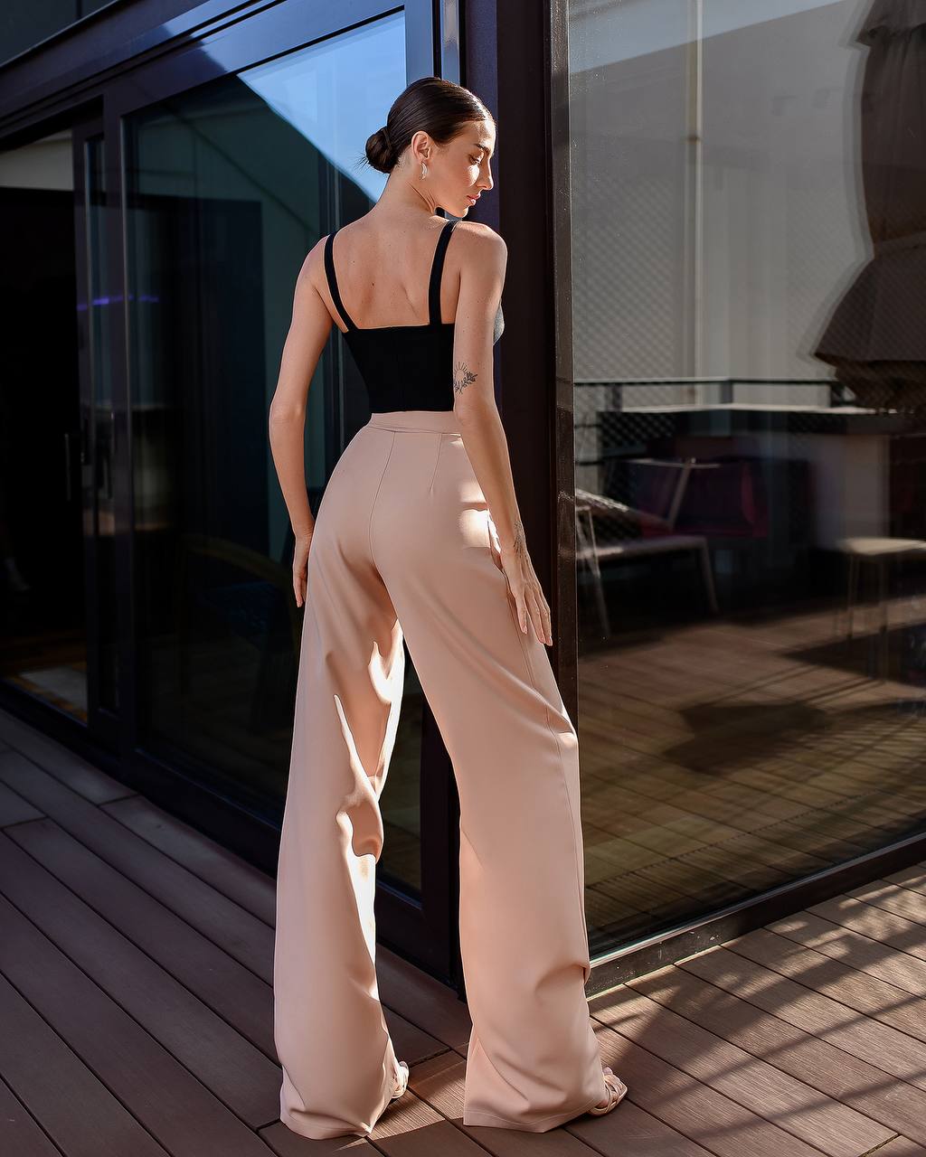 Wide Leg Trousers for Women in Suiting Diagonal Crepe Fabric