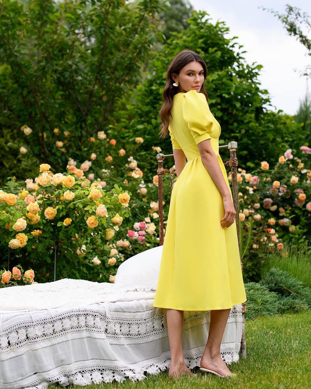 Elegant Yellow Midi Dress Women Premium Crepe Fabric