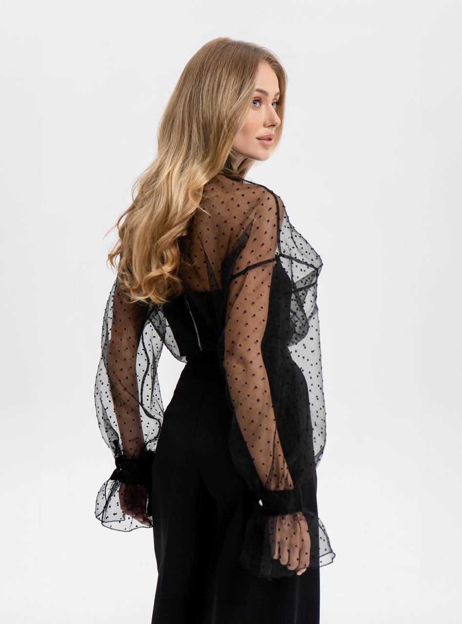 Woman wearing a black dress with sheer sleeves on a white background