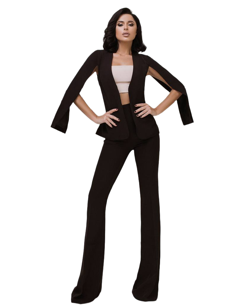Womens Black Diagonal Crepe Suit with Unique Sleeve Design