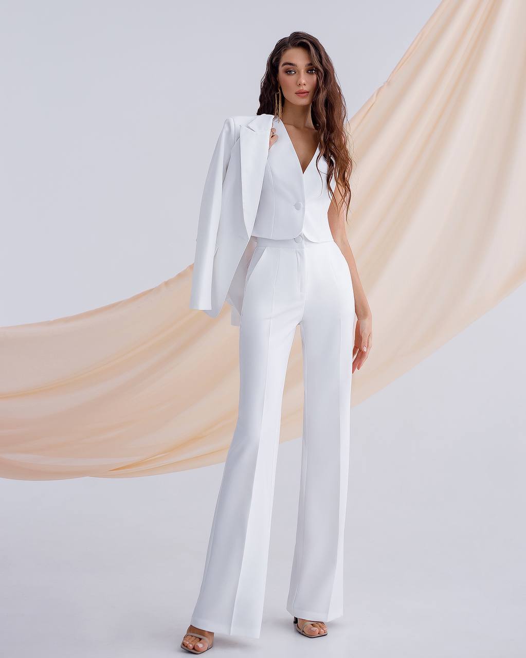 Womens Premium Diagonal Crepe Suit with Satin Collar in White