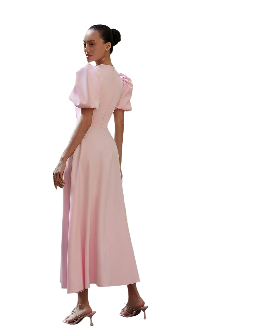 Elegant Puff Sleeve Midi Dress in Pink Premium Diagonal Suit Crepe