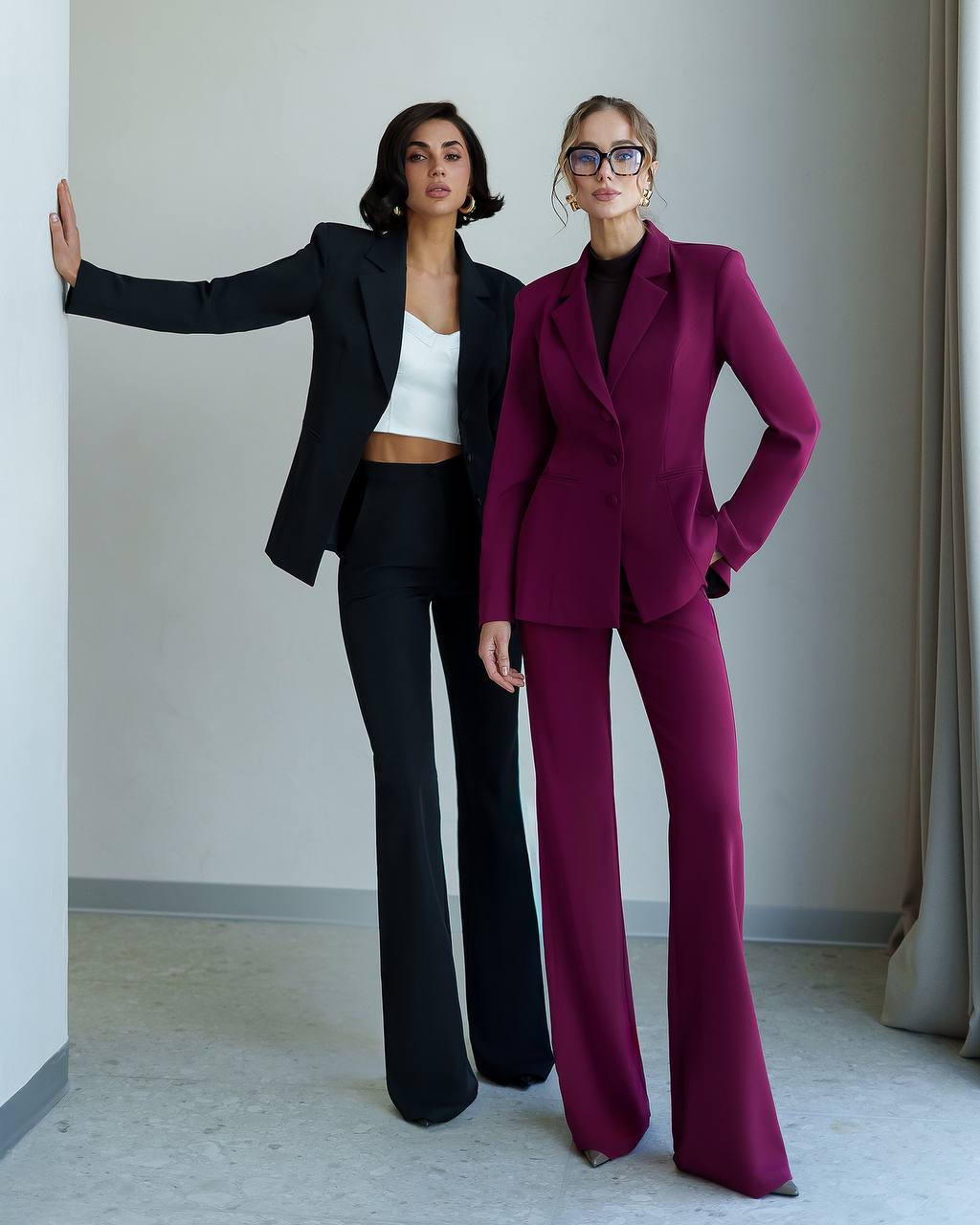 Womens Flared Pants Suit with Blazer Premium Crepe-Diagonal