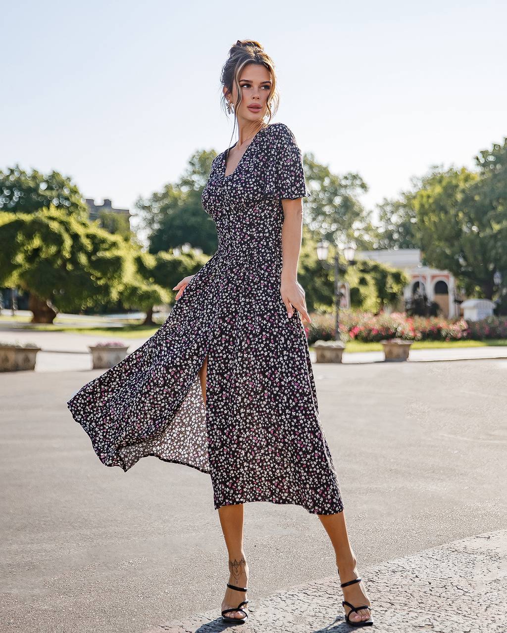 Floral Printed Staple Fabric Midi Dress for Women