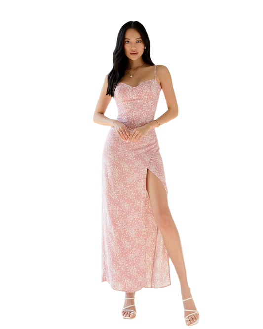 Elegant Pink Dress with Cups and Slit in Staple Fabric