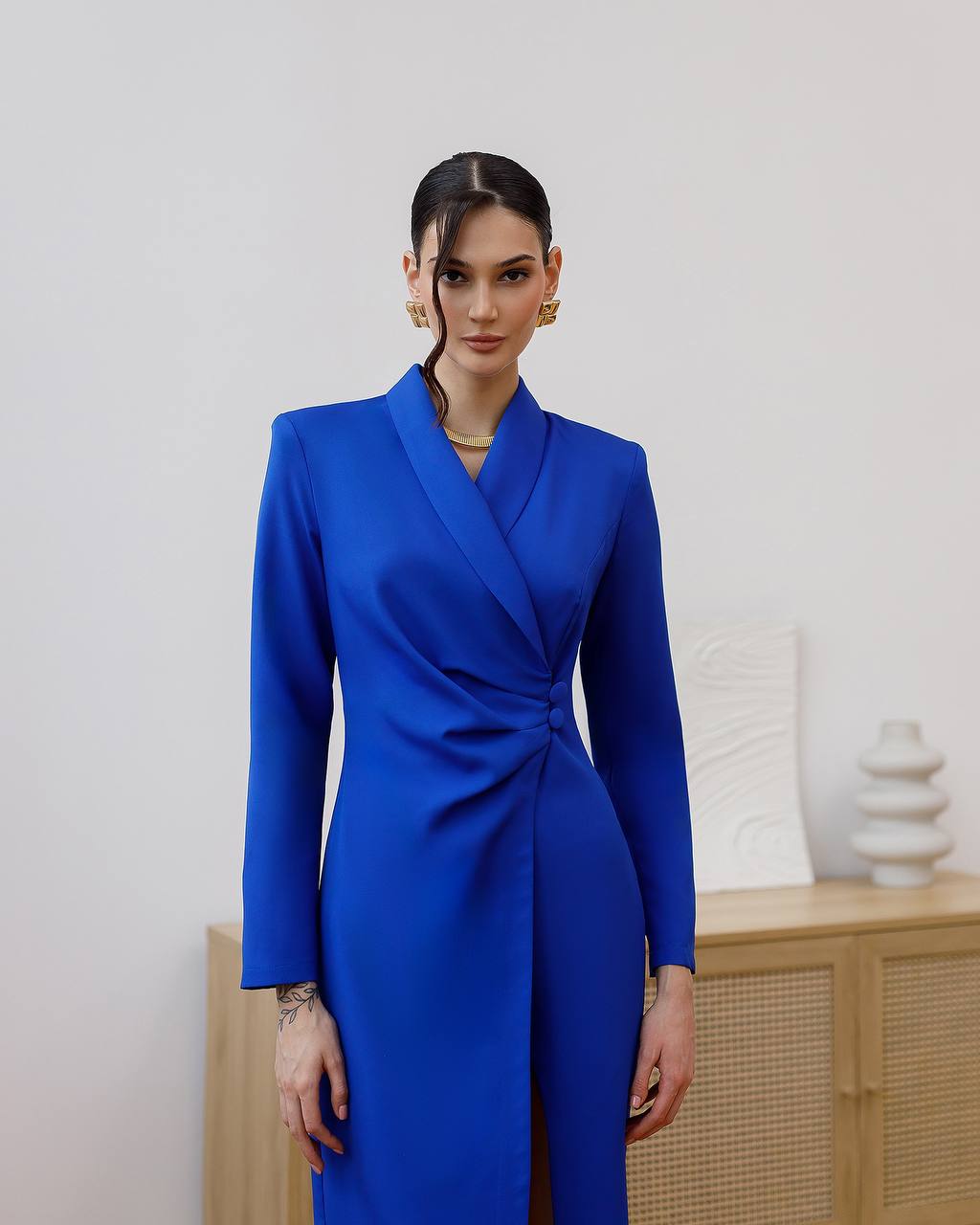 Elegant Shawl Collar Dress for Women in Premium Diagonal Crepe