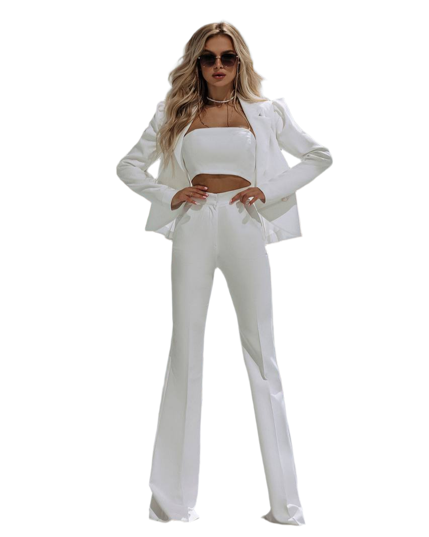 Elegant White Two-Piece Women's Costume with Blazer and Wide-Leg Pants