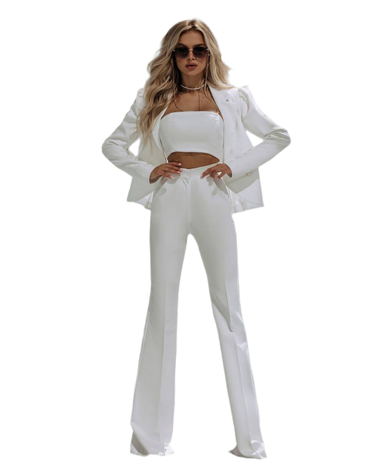 Elegant White Two-Piece Women's Costume with Blazer and Wide-Leg Pants