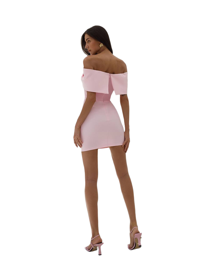 Elegant Off Shoulder Mini Dress with Corset Base in Powder Pink