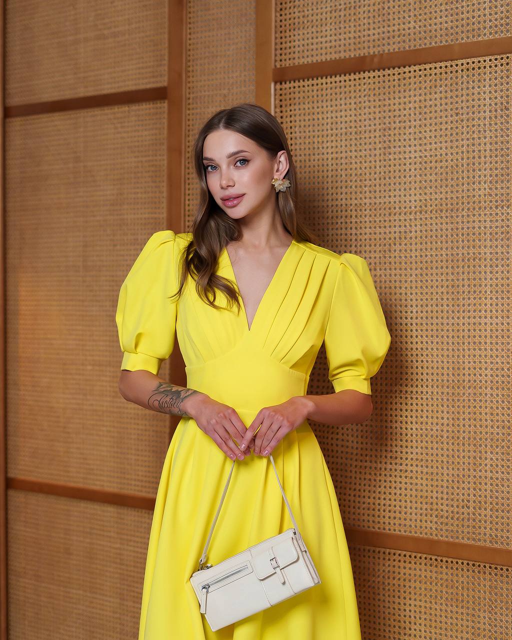 Elegant Yellow Midi Dress Women Premium Crepe Fabric