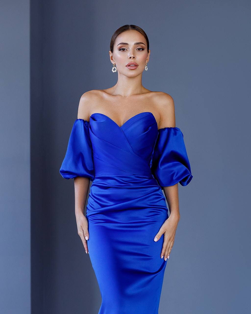 Royal Blue Midi Corset Dress with Puffed Sleeves