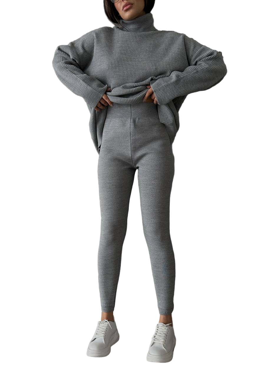 Gray Ribbed Oversized Knit Sweater and Shaping Leggings Set