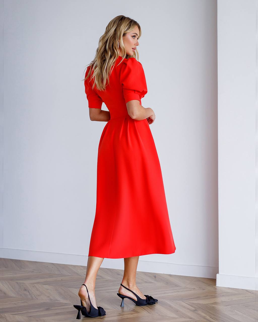 Elegant Red Midi Dress for Women with Puff Sleeves