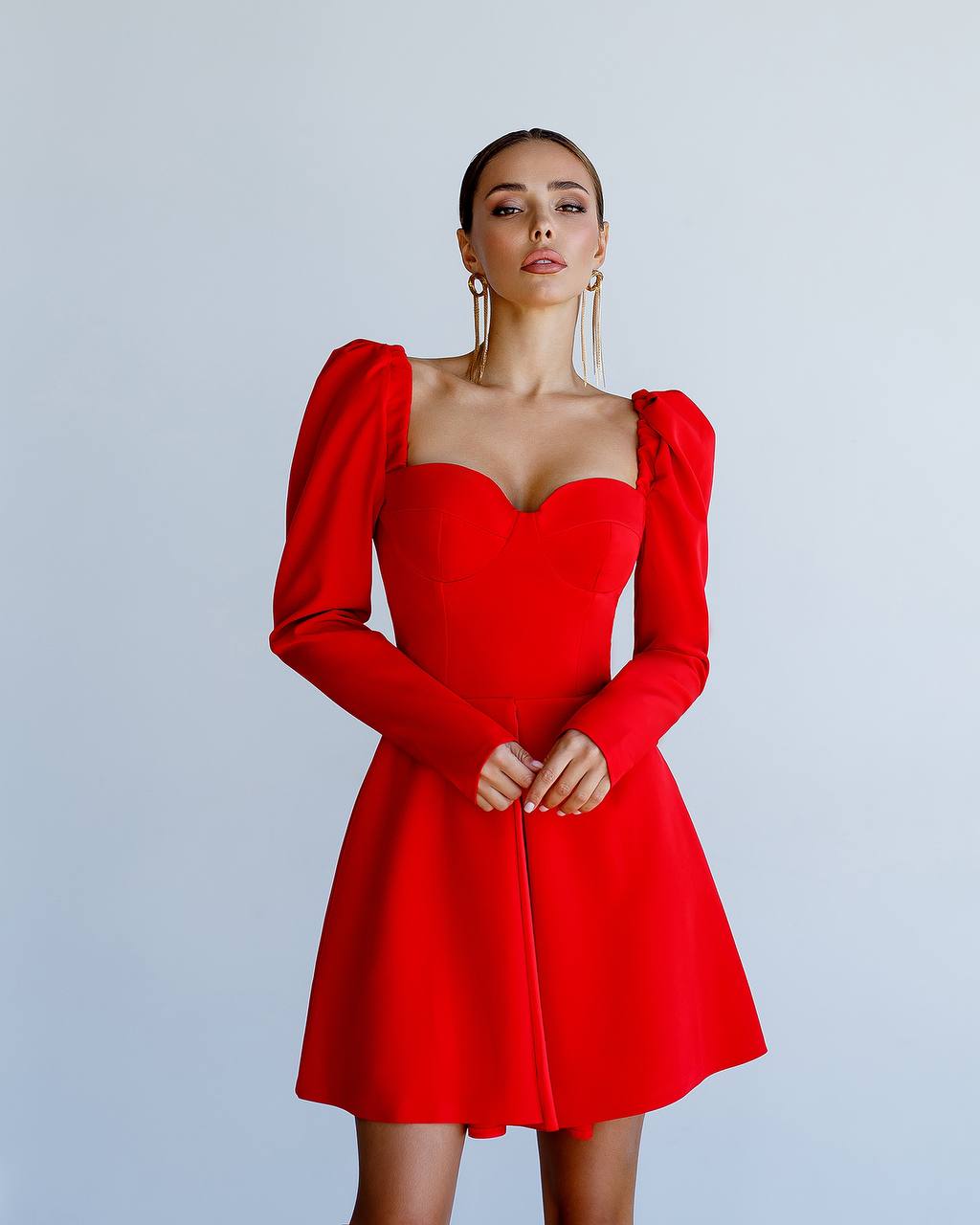 Womens Red Mini Dress Long Sleeve Premium Crepe Fabric