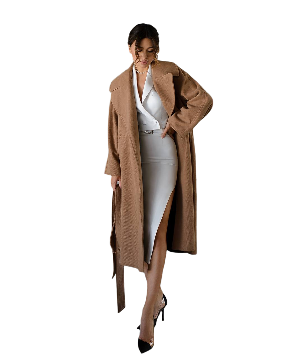 Oversized Women's Coat in Camel Color with Wool Thread