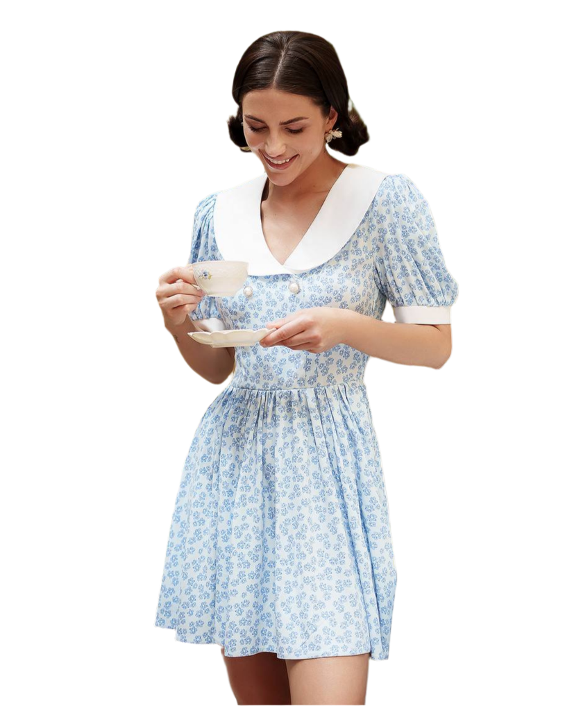 Stylish Short Floral Dress with Cotton Collar in Blue Print