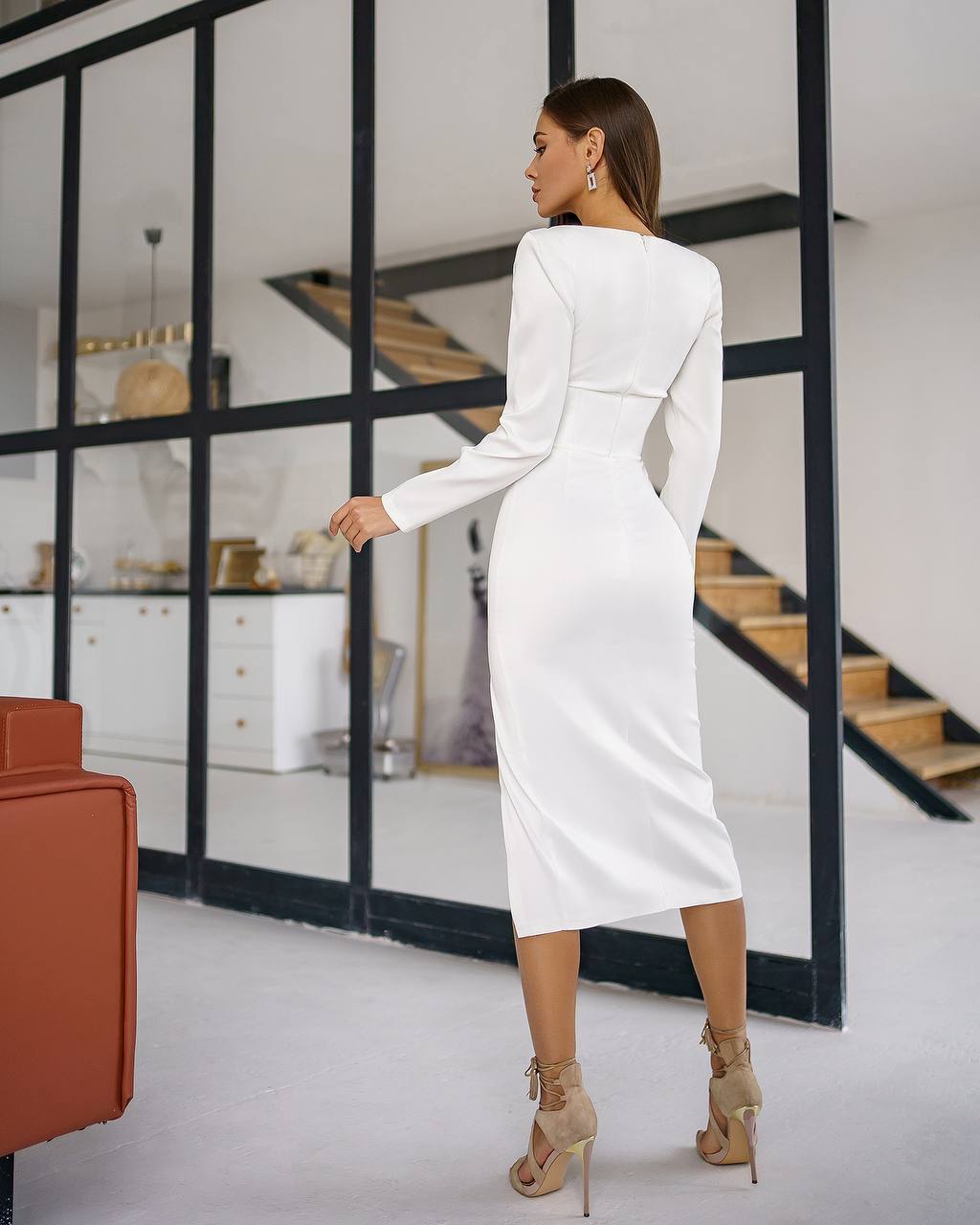 Elegant Women Midi Dress in Dense Mango Satin