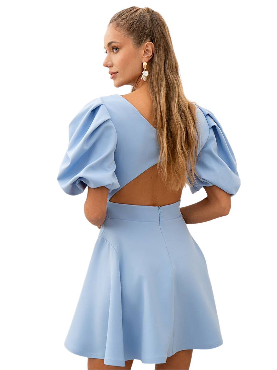 Light Blue Puff Sleeve Dress in Diagonal Crepe with Open Back