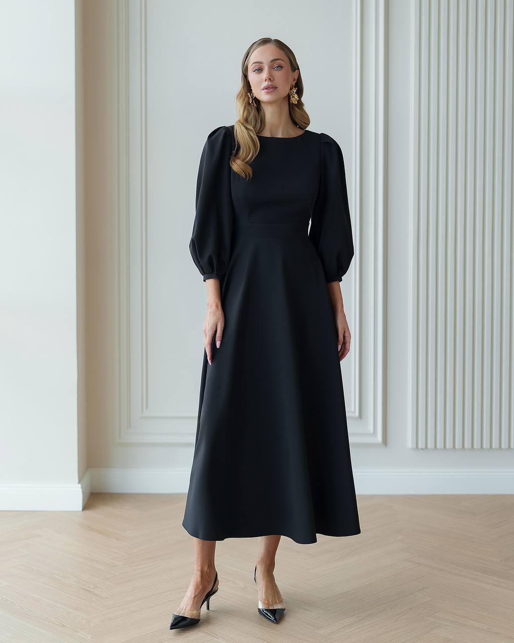 Elegant Midi Dress with Puff Sleeves and Cutout Back in Black