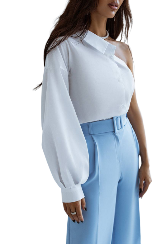 Womens One Shoulder Cotton Shirt with Balloon Sleeve