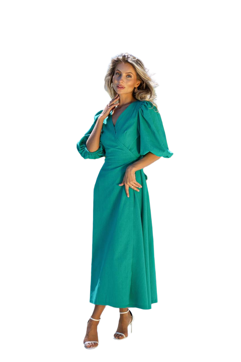 Linen Sundress for Women with Puff Sleeves and High Slit