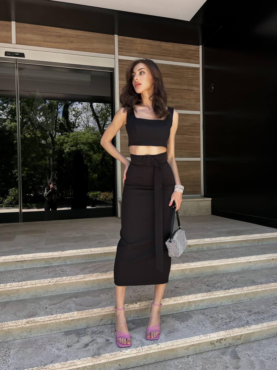 Women Pencil Skirt and Top Set Diagonal Crepe Black