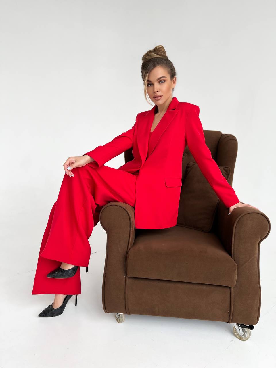 Red Diagonal Crepe Palazzo Suit Women Tailored Blazer Wide Leg Pants