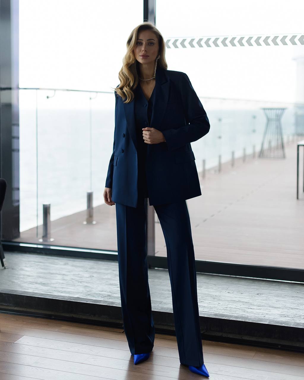 Womens Premium Navy Blue Three Piece Suit Blazer Vest Trousers