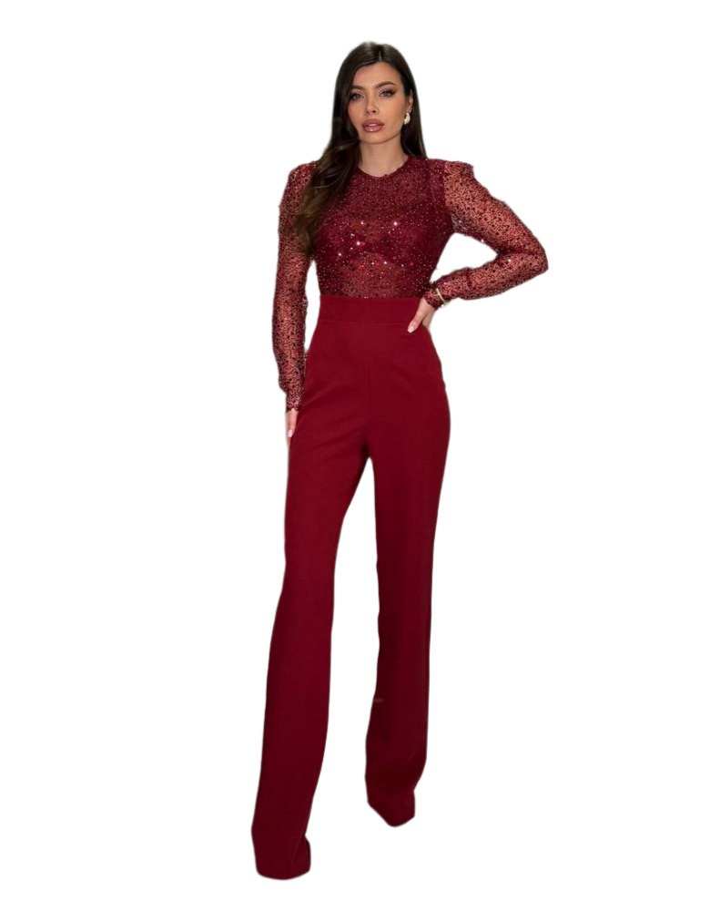 Elegant Women's Jumpsuit with Sequin Mesh and Beaded Burgundy Top