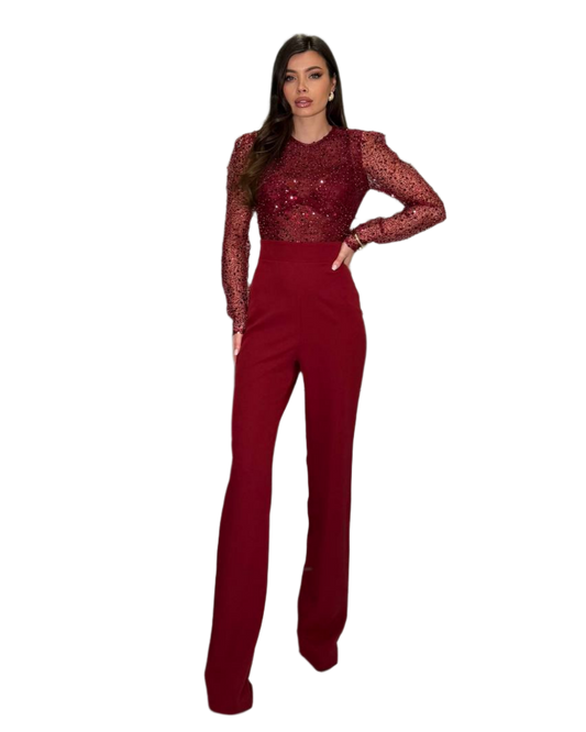 Elegant Women's Jumpsuit with Sequin Mesh and Beaded Burgundy Top