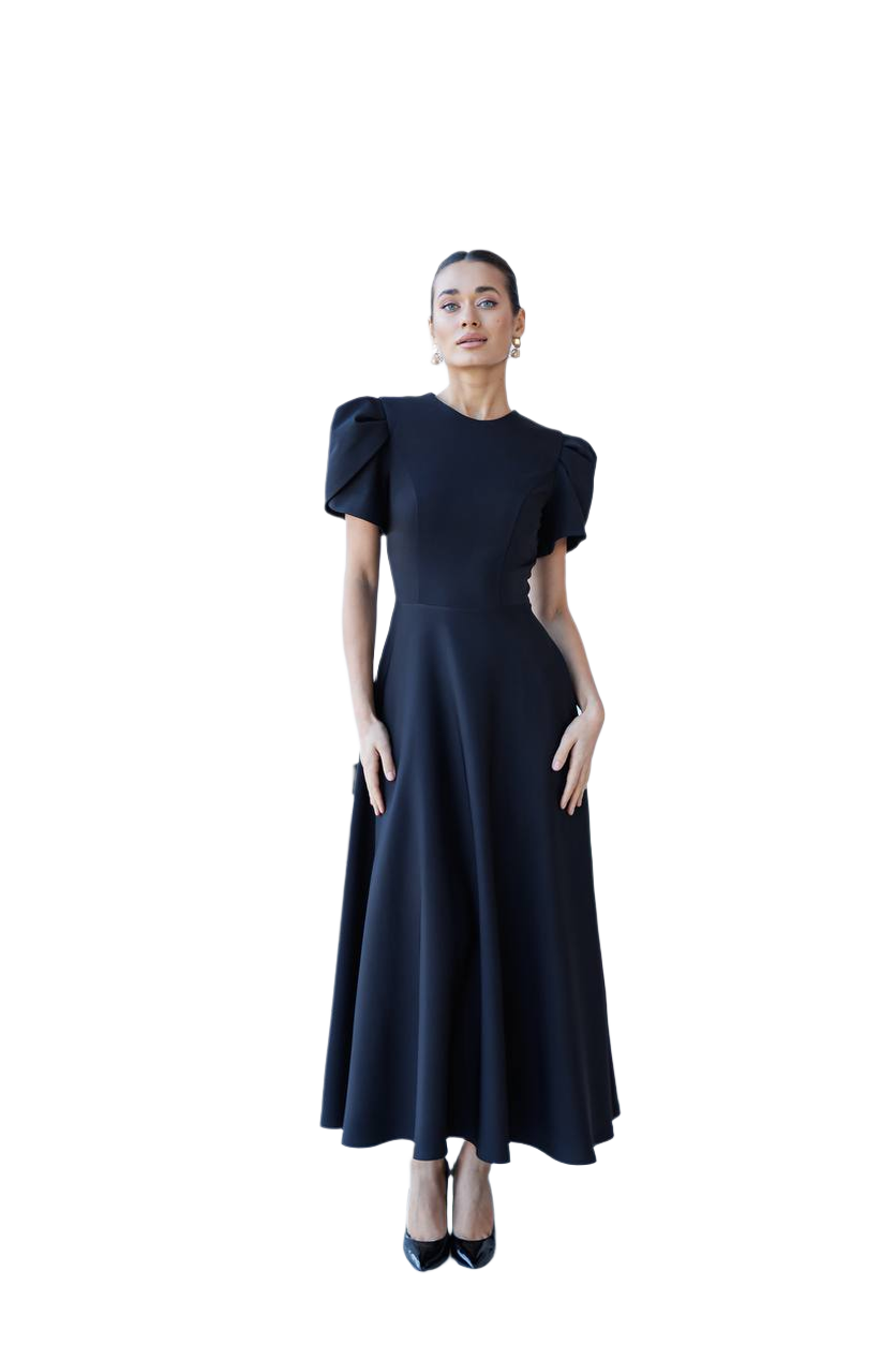 Elegant Women's Black Diagonal Crepe Dress with Puff Sleeves