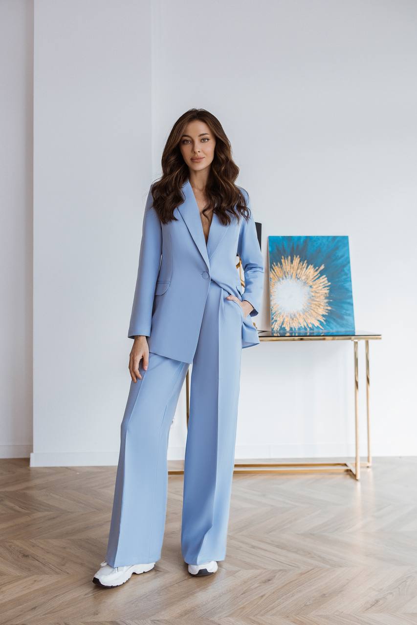 Sky Blue Palazzo Suit Diagonal Crepe Lined Blazer Wide Leg Pants