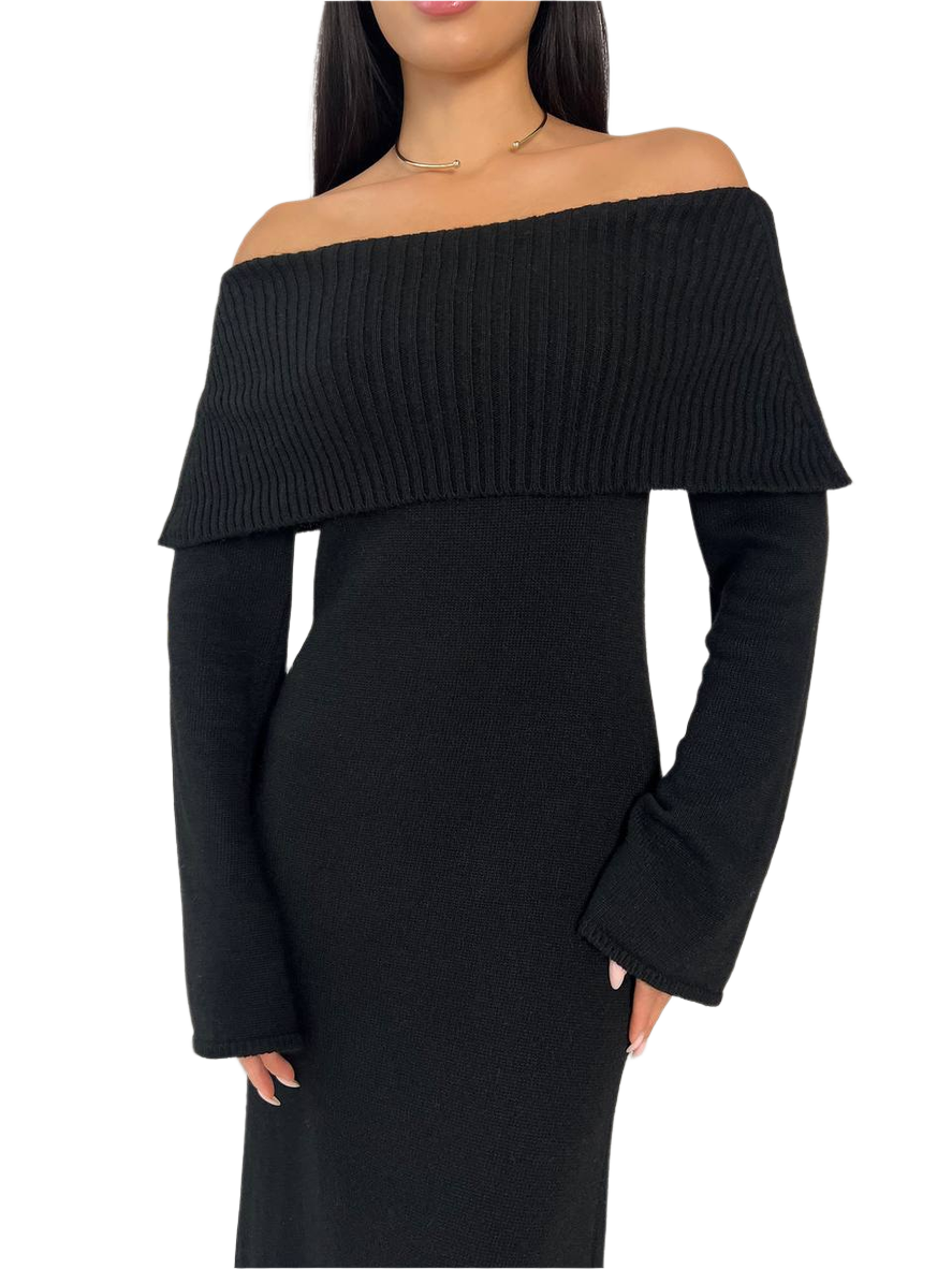 Black off-shoulder dress on a white background
