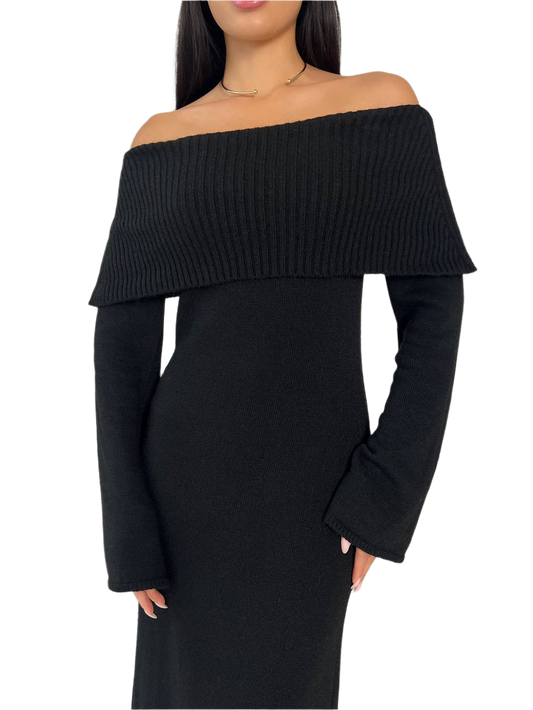 Black off-shoulder dress on a white background