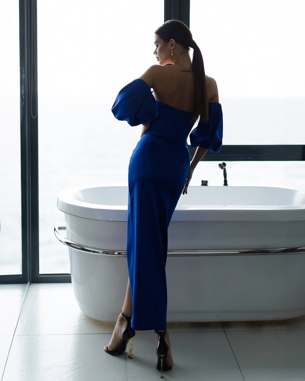 Royal Satin Midi Dress with Puff Sleeves in Electric Blue