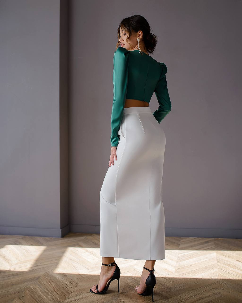 Women Satin Crop Blouse Top with Puff Sleeves