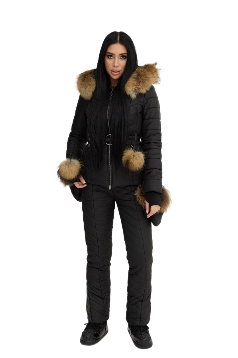 Womens Winter Warm Ski Suit with Siliconized Fiber Insulation and Natural Raccoon Fur