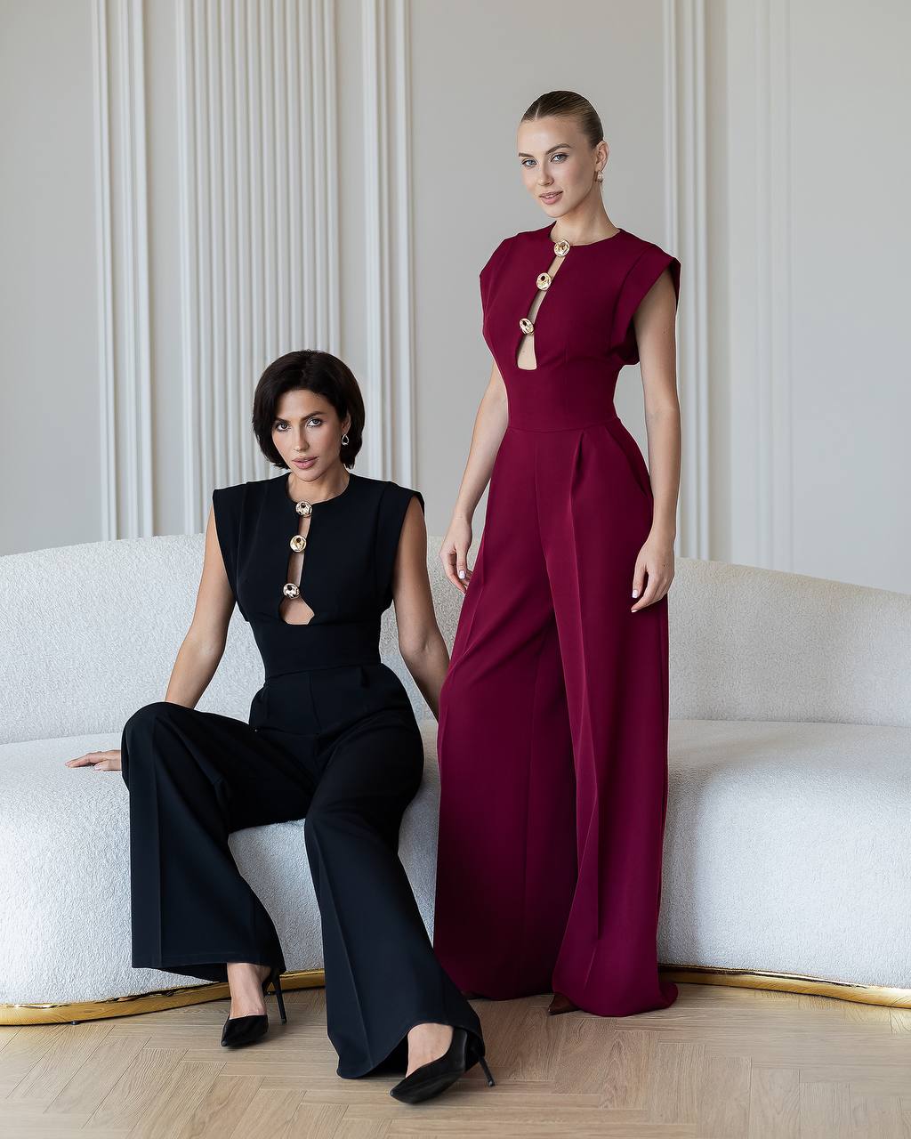 Womens Tailored Wide Leg Jumpsuit with Keyhole Neckline
