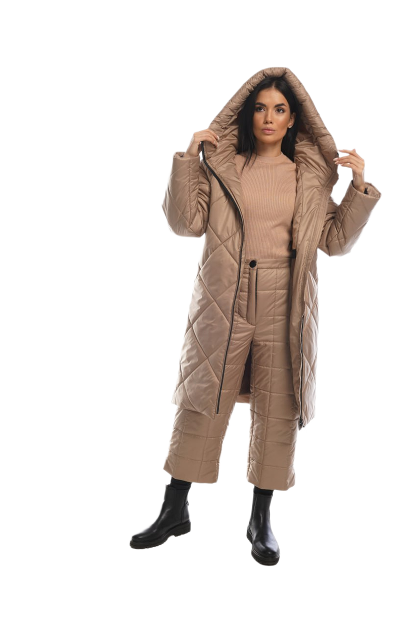 Womens Winter Warm Suit Quilted Coat and Cropped Pants Beige Water Repellent